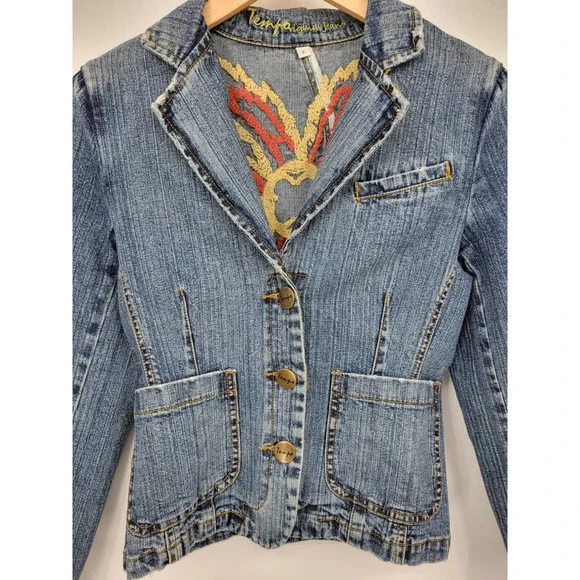 Tempo 2 Denim Jean Jacket Embroidered Collared Yellow Red Y2K 90s Cotton Flower - Picture 6 of 10